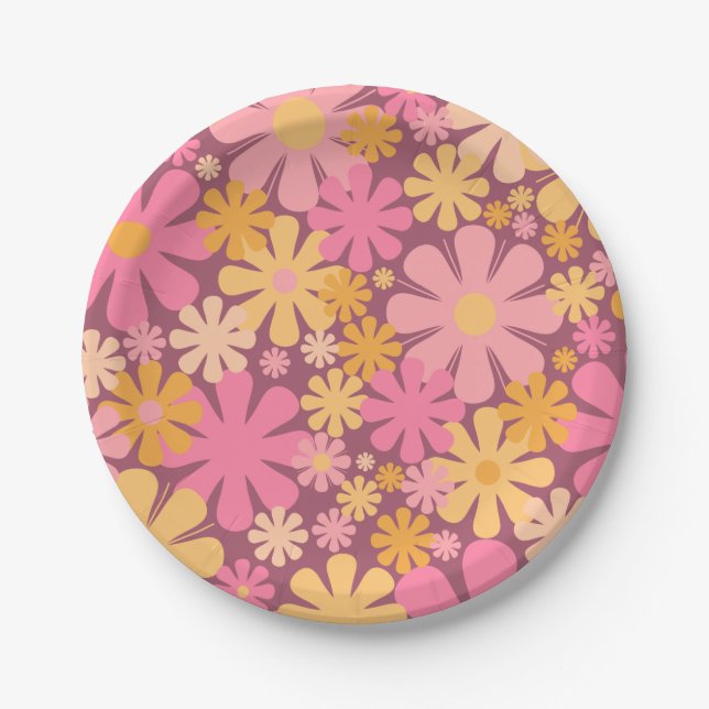 Retro Flowers 60s 70s Aesthetic Floral Pattern Paper Plate (Front)