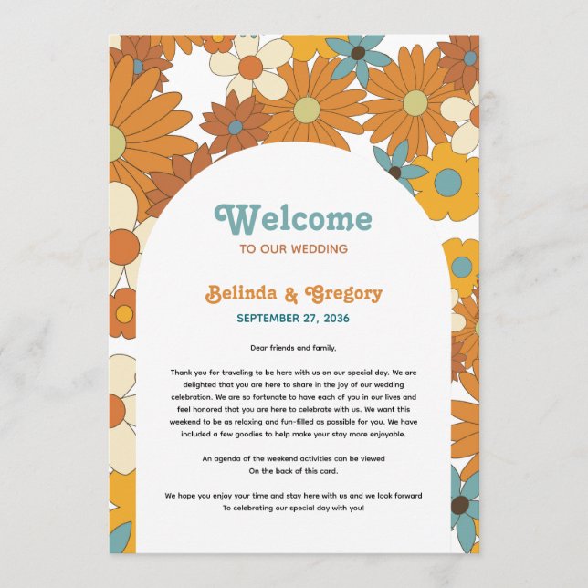 Retro Flowers 60's 70's Arch Wedding Itinerary Programme (Front)