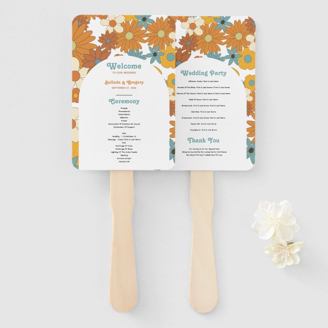 Retro Flowers 60's 70's Arch Wedding Program Hand Fan (Front and Back)