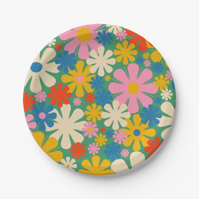 Retro Flowers 60s 70s Colourful Floral Pattern Paper Plate (Front)