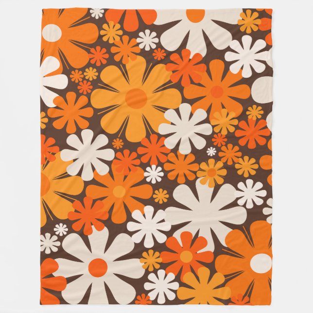 Retro Flowers 60s 70s Floral Pattern Brown Orange Fleece Blanket (Front)