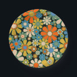 Retro Flowers 60s 70s Floral Pattern Paper Plate<br><div class="desc">Retro Garden Flowers 60s 70s Floral Pattern 2 Mustard Orange Blue Green Beige on Black. Striking,  vivid,  vintage aesthetic flowers with a 1960s 1970s vibe,  on a dark background. By Kierkegaard Design Studio.</div>