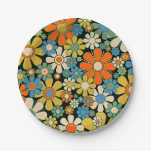 Retro Flowers 60s 70s Floral Pattern Paper Plate