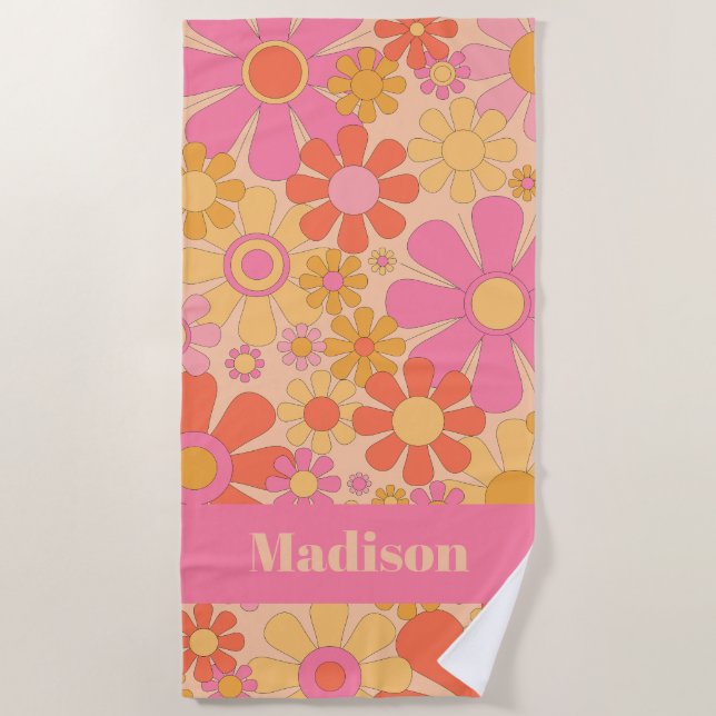 Retro Flowers 60s 70s Floral Pattern Personalised Beach Towel (Front)