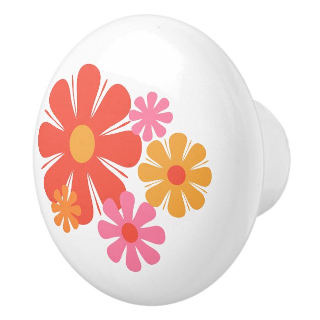 Retro Flowers 60s 70s Pink and Yellow Ceramic Knob (Right)