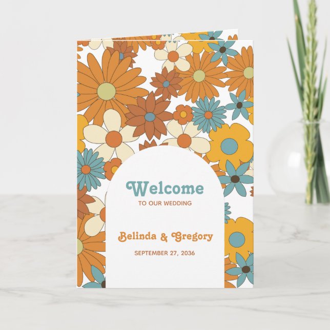 Retro Flowers 60's 70's  Wedding Order of Service Programme (Front)