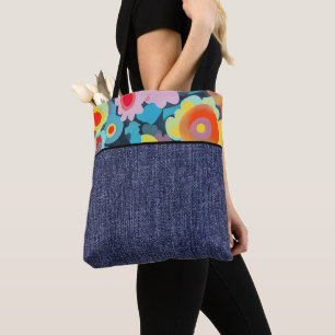 Retro flowers and denim tote bag