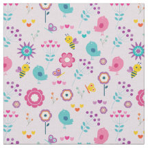 Retro Flowers Birds and Bees on Pink Background