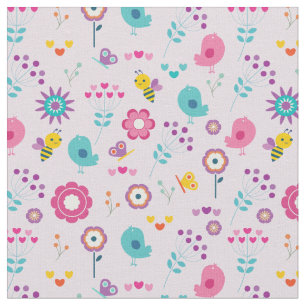 Retro Flowers Birds and Bees on Pink Background Fabric