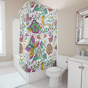 Retro Flowers Birds & Butterflies Colourful Shower Curtain