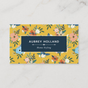 Retro Flowers Blush Yellow Blue Floral Pattern Business Card