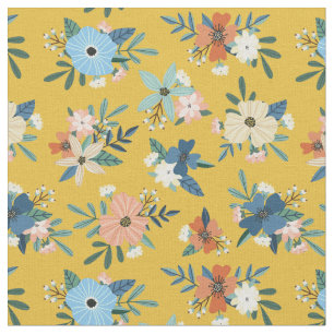 Retro Flowers Blush Yellow Blue Floral Pattern Fabric