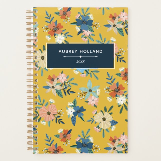 Retro Flowers Blush Yellow Blue Floral Pattern Planner (Front)