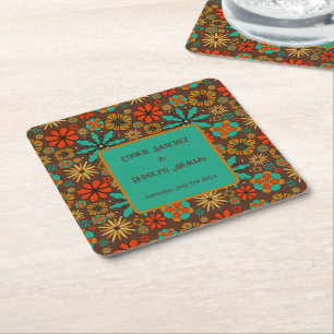 Retro Flowers Brown Teal Red floral groovy 60s Square Paper Coaster