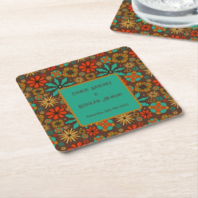 Retro Flowers Brown Teal Red floral groovy 60s  Square Paper Coaster (Angled)