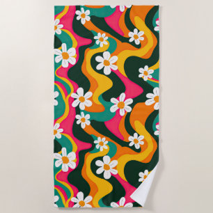 Retro Flowers Colourful 70s Hippie Pattern Beach Towel