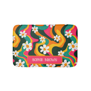 Retro Flowers Colourful 70s Pattern with Name Bath Mat
