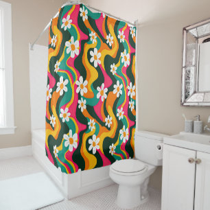 Retro Flowers Colourful  Trippy Pattern  Shower Curtain