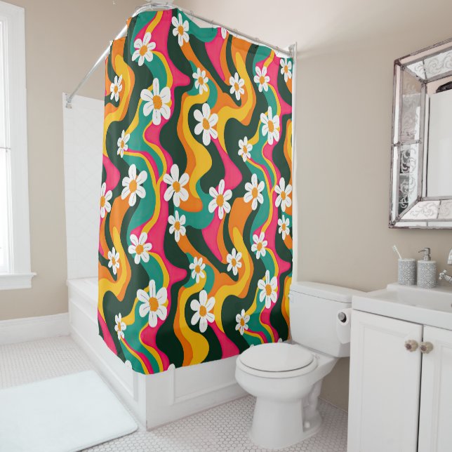 Retro Flowers Colourful  Trippy Pattern  Shower Curtain (In Situ)