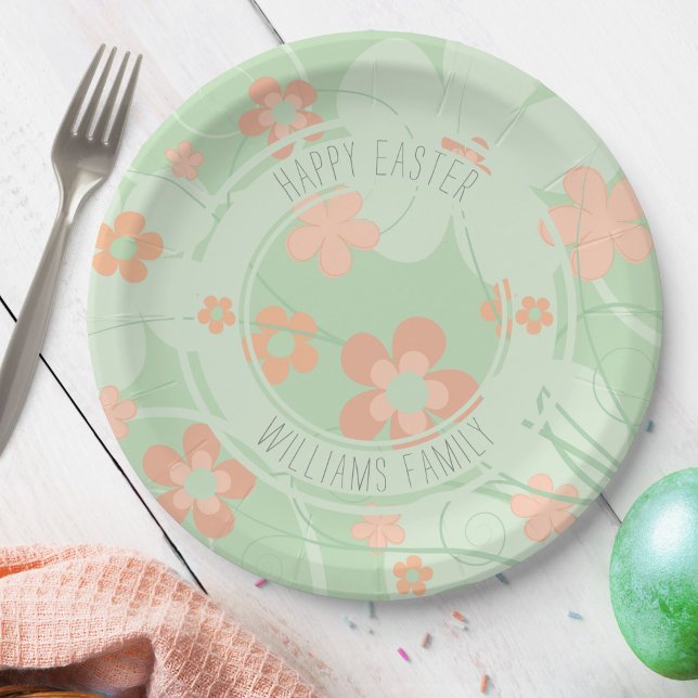 Retro Flowers Cute Coral Pink Green Spring Floral Paper Plate (Creator Uploaded)