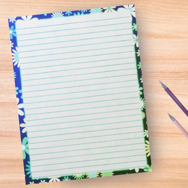 Retro Flowers Floral Border on Blue Green Lined Notepad (Creator Uploaded)