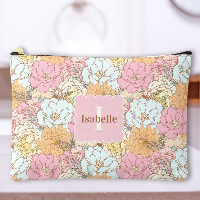 Retro Flowers Floral Pastel Name Monogram Accessory Pouch (Retro Flowers Floral Pastel Name Monogram Accessory Pouch)