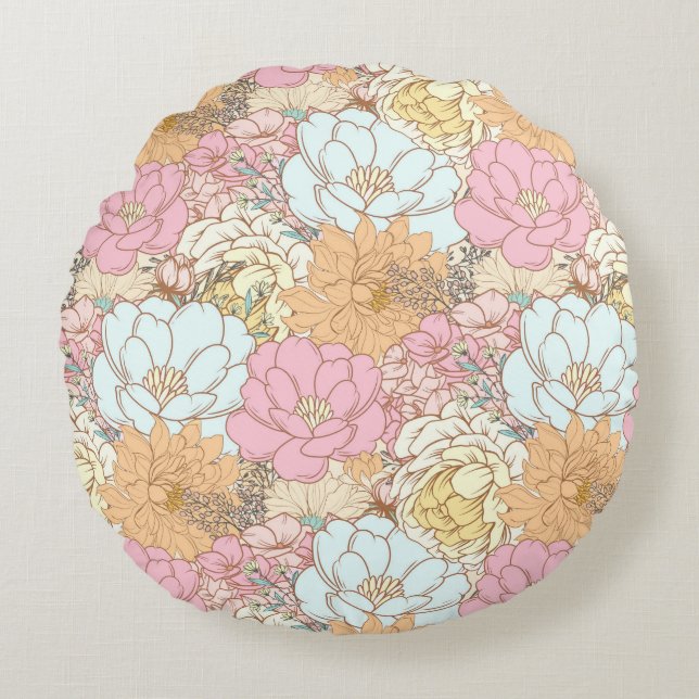 Retro flowers, floral pattern round cushion (Front)