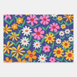 Retro Flowers Garden Pattern on Navy Blue  Wrapping Paper Sheet