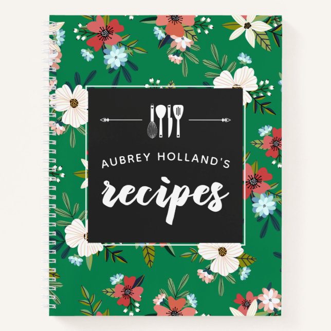 Retro Flowers Green Coral Floral Pattern Recipes Notebook (Front)
