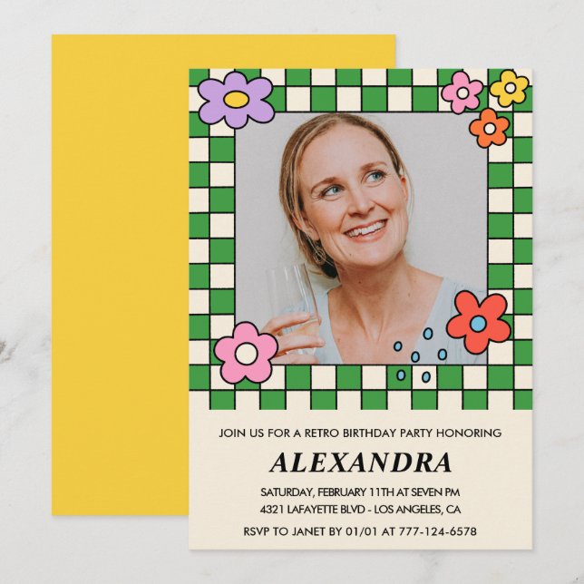 Retro Flowers Groovy Photo 58th birthday Invitation (Front/Back)