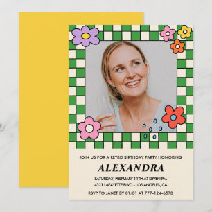 Retro Flowers Groovy Photo 67th birthday Invitation