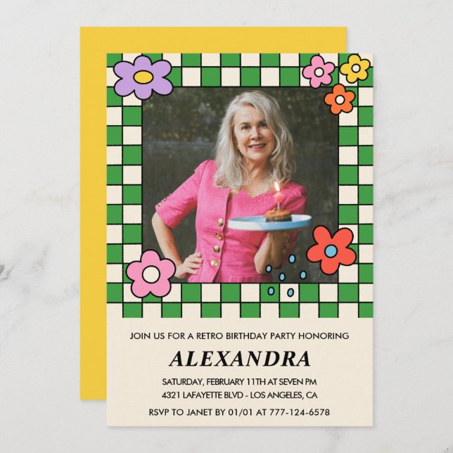 Retro Flowers Groovy Photo 89th birthday Invitation (Front/Back)