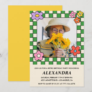 Retro Flowers Groovy Photo 93rd birthday Invitation