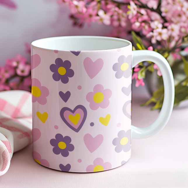 Retro Flowers Hearts Pattern Pink, Purple, Yellow Mug (Creator Uploaded)