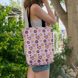 Retro Flowers Hearts Pattern Pink, Purple, Yellow Tote Bag
