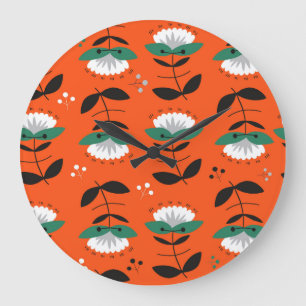 Retro flowers, leaves: seamless pattern. large clock