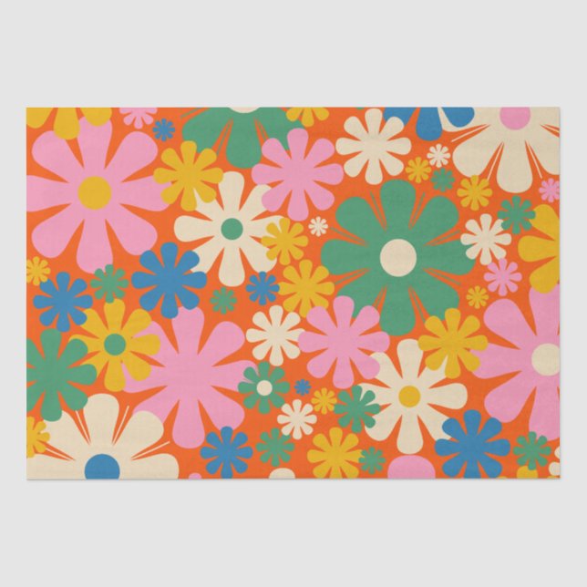 Retro Flowers Multi-Colour 60s 70s Floral Pattern Tissue Paper (Front)