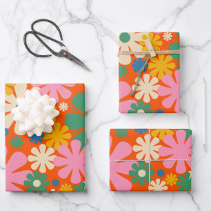 Retro Flowers Multi-Colour 60s 70s Floral Pattern Wrapping Paper Sheet