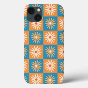 Retro Flowers on Blue and Orange Checkerboards iPhone 13 Case