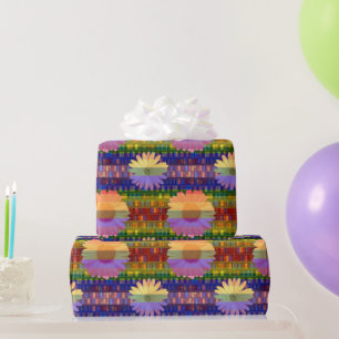 Retro Flowers on Bookshelves Birthday Wrapping Paper