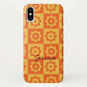 Retro Flowers on Chequerboard Yellow Orange Custom Case-Mate iPhone Case