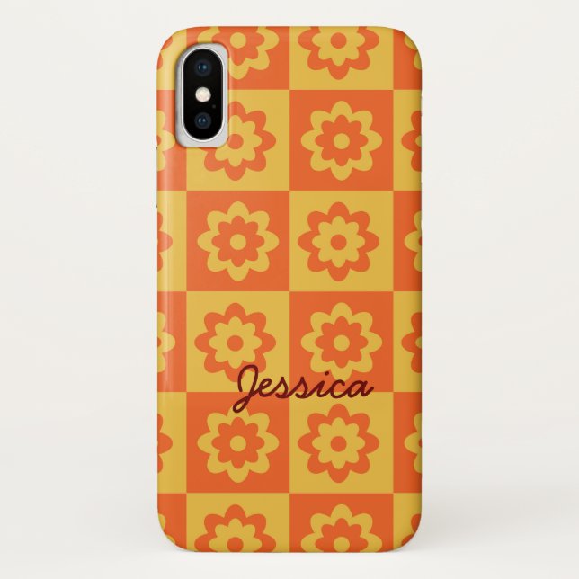 Retro Flowers on Chequerboard Yellow Orange Custom Case-Mate iPhone Case (Back)