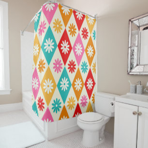 Retro Flowers on Colourful Diamonds Pattern Shower Curtain