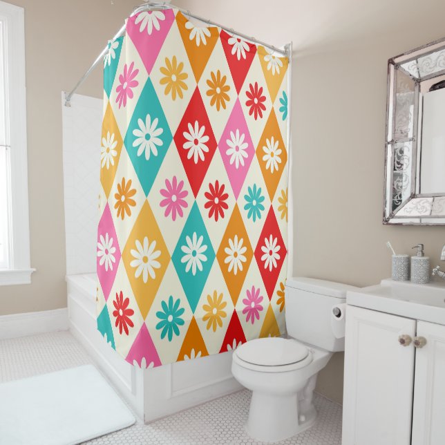 Retro Flowers on Colourful Diamonds Pattern Shower Curtain (In Situ)