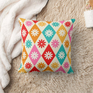 Retro Flowers on Colourful  Harlequin Diamonds  Cushion