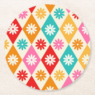 Retro Flowers on Colourful Harlequin Diamonds  Round Paper Coaster