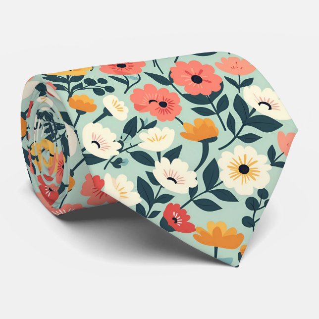 Retro Flowers On Green Tie (Rolled)