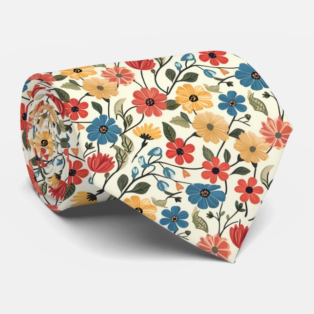 Retro Flowers On Lemon Yellow Tie (Rolled)