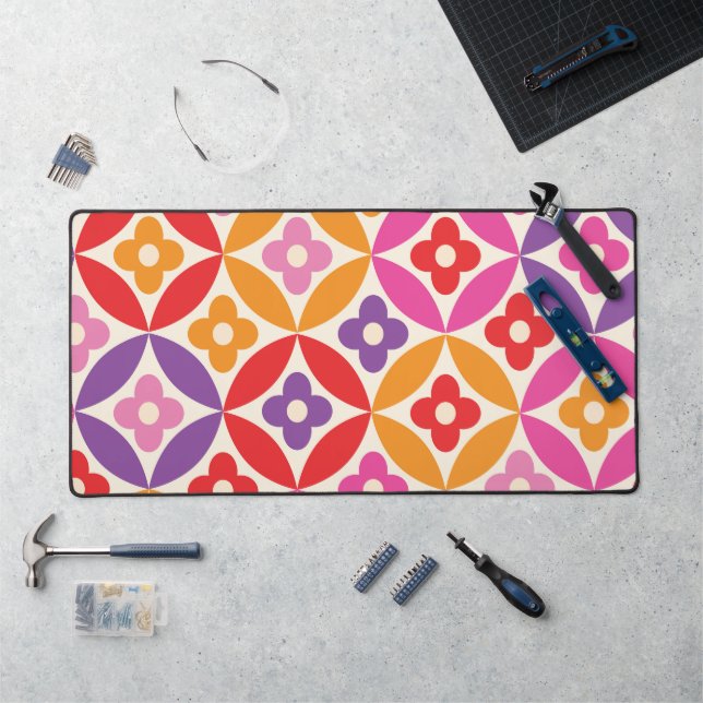 Retro  Flowers on Mid Century Circles Pattern  Desk Mat (Workstation)