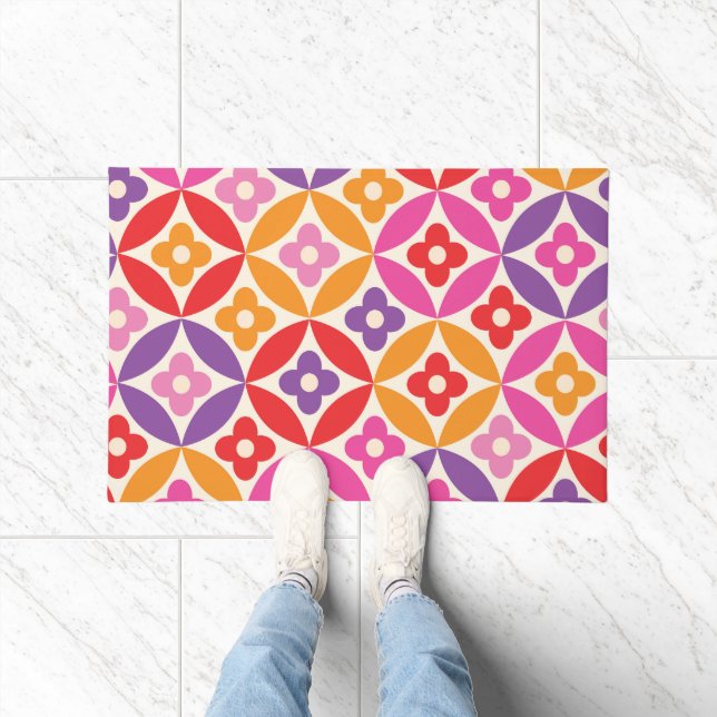 Retro  Flowers on Mid Century Circles Pattern  Doormat (Indoor)
